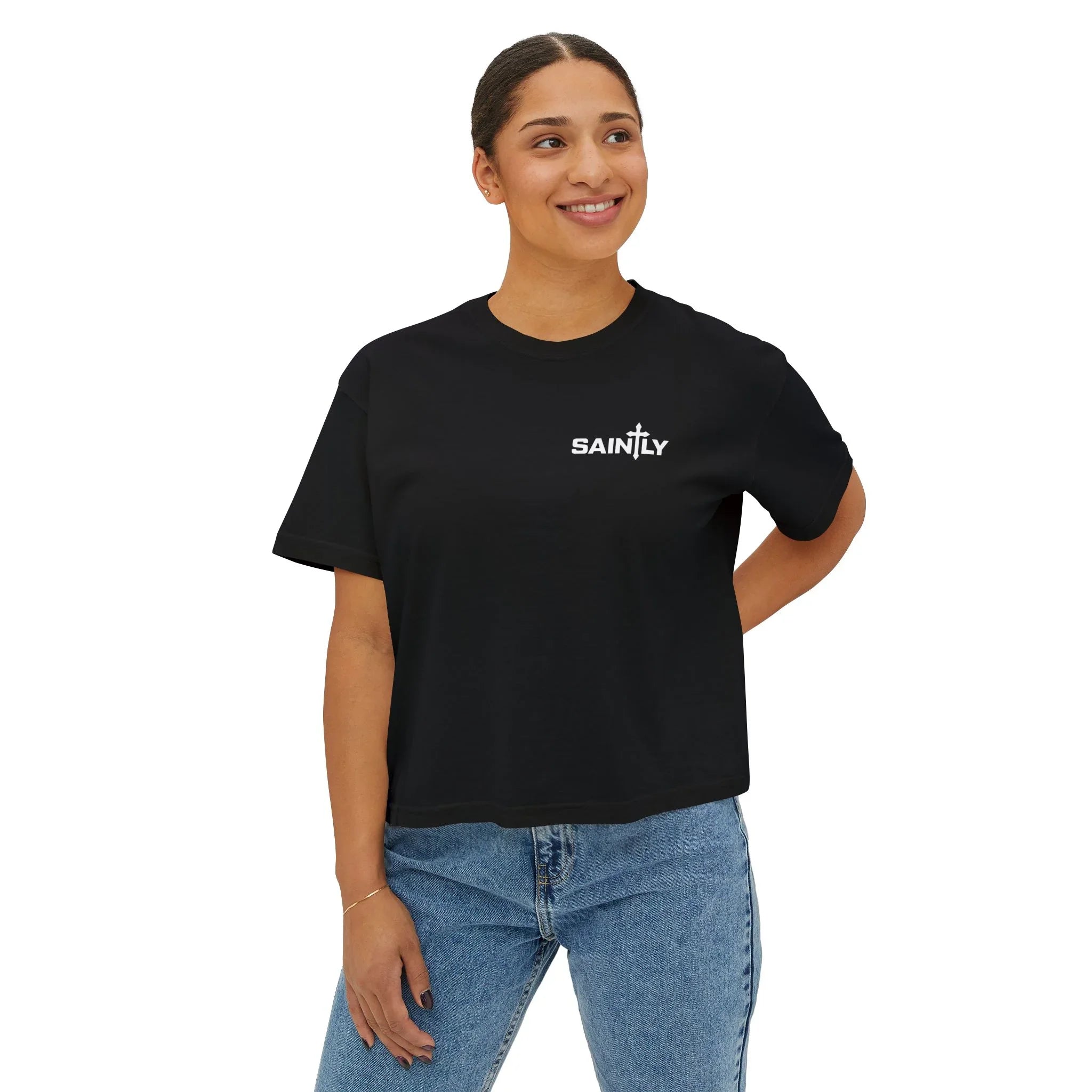 Saintly Women’s Christian Bible Verse Boxy Tee – Called To Be Saints Design