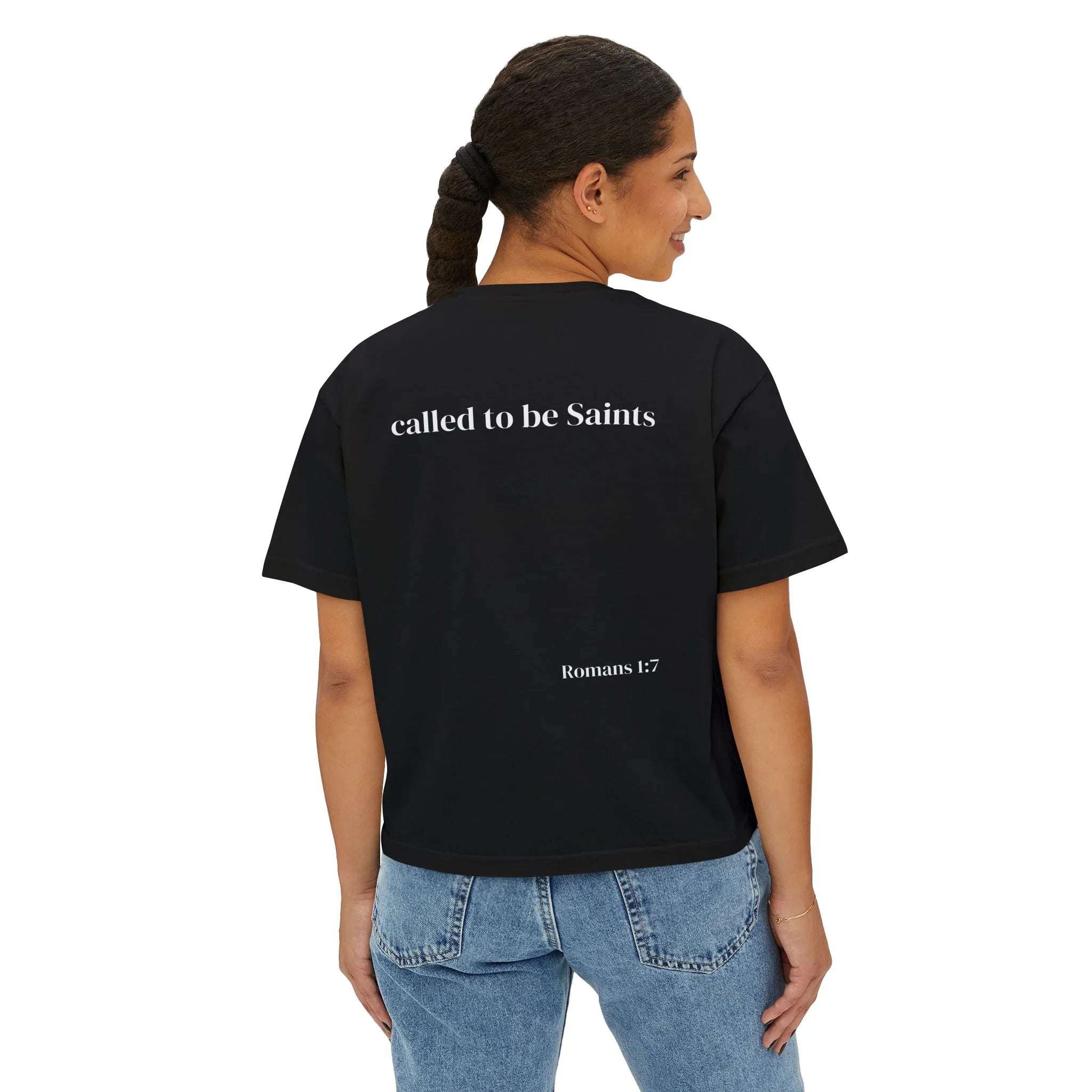 Saintly Women’s Christian Bible Verse Boxy Tee – Called To Be Saints Design